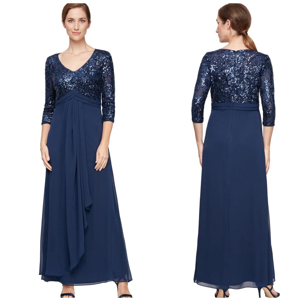 NWT Alex Evenings Plus Size 16W Navy Gown – Sequin Bodice & Chiffon